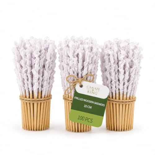 CANAPE KING Frilled Wooden Skewers - 100pcs Eco-Friendly Bamboo Cocktail Food Picks Fruit Cocktail Paddle Sticks (10cm) - for Parties Catering Wedding