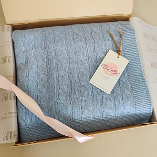 Mimi & Thomas Pure 100% Cashmere Cable Knit Unisex Knitted Baby Blanket in Gift Box (Blue)