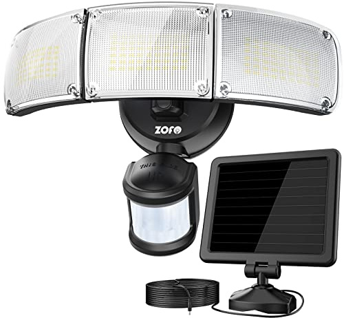 ZOFO 2300LM Solarlampen für Außen mit Bewegungsmelder, Solar LED Strahler Lamp mit Bewegungsmelder Außen IP65 Wasserdicht, Solar-Sicherheitsleuchte Außen 5000K, 5m Kabel 3 Köpf, Schwarz für Garage