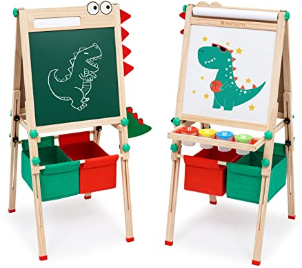 Kinder Staffelei mit Papierrolle Malen Doppelseitiges Whiteboard und Kreidetafel, Tafel Kinder mit Zubehör,Höhenverstellbar Standtafel mit Aufbewahrungsboxen für Kinder und Kleinkinder
