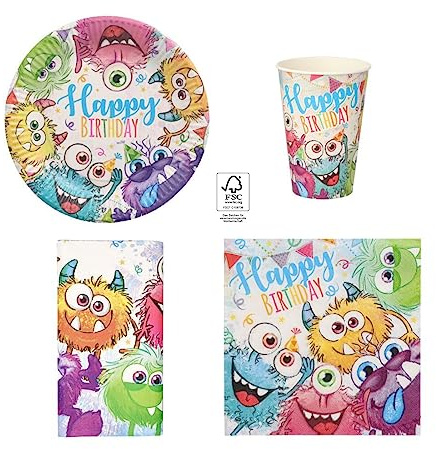 Ameisenkeks® Monster Party Deko Set Kindergeburtstag 10 Personen – Teller Becher Servietten Tischdecke – Geburtstag Jungen Mädchen – Funny Monsters Partygeschirr