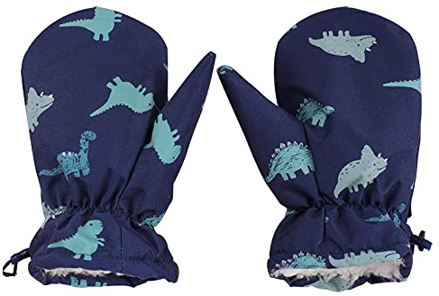 JIAHG Moufle de Ski Imperméable pour Enfant 3-5 Ans Gants d'hiver Snowboard et Neige Épais Chaud Gants Complets Motif à Dinosaure Doublure en Polaire Ajustable pour Sports en Plein Air (Bleu foncé)