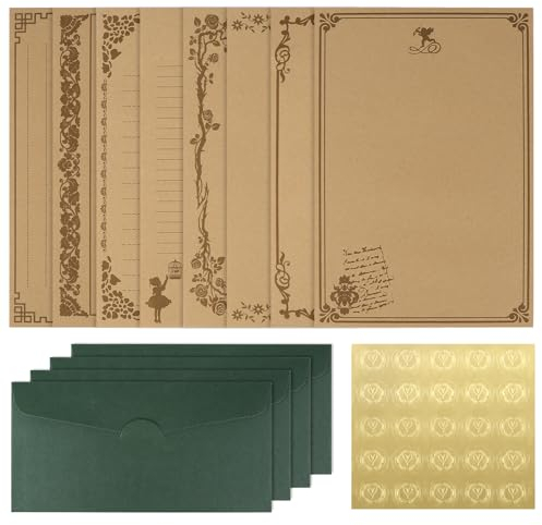 24 Stück Briefpapier/Briefumschlag Set edel, 14.5 * 21.5cm Vintage-Briefkopf mit Blumenmuster, mit 24 Briefumschlag aus dunkelgrünem Perlglanzpapier, 25 Siegel-Aufkleber