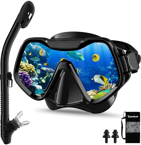 Gafas de Buceo,Tonfarb Gafas y Tubo de Dry Snorkel Set para Adulto, Panorámico de 180° Anti-Fugas Anti-Vaho Gafas y Mascara de Buceo de Cristal Templado y Dry Top Snorkel para Hombres y Mujeres