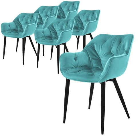 ML-Design matsalsstolar set om 6 petrol, köksstol med tjock sammetsklädd sits, metallben, vardagsrumsstol med ryggstöd och armstöd, quiltad stoppad stol, ergonomisk fåtölj