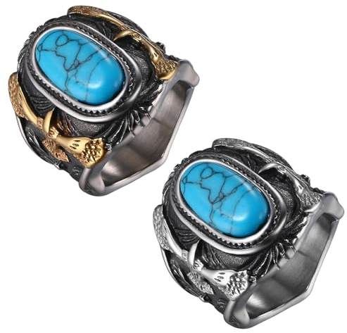JewelryWe Ring Herren Türkis Siegelring: 2 Stück Retro Herren-Ring mit Blau Oval Türkis Edelstahl Biker Adler Statement-Siegelring Bandring Band mit Gravur Gold Silber Geschenk für Mann Ehemann Vater