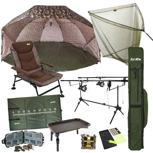 Traxis Karpfen-Set - Starter Set - Karpfenangeln - Angelruten - Angelstuhl - Kescher - Aufweihmatte - Rodpod - Beetmelder - Shelter