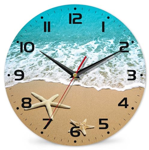 DEMACYA Starfish On A Beach Sand Wall Clock - Contemporary Home Decor, Easy to Read for Living Room, Bedroom, Bathroom and Kitchen, 10 Inch