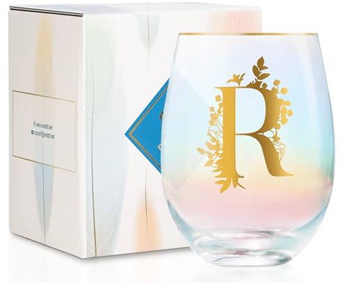 Onebttl Regali di vino personalizzati per le donne, carino bicchiere da vino senza stelo con iniziali, regali monogrammati per gli amanti del vino per compleanni Natale, R