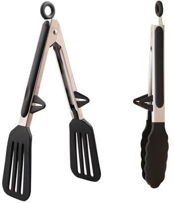 Onezebra 2 Pack 9 Inch Silicone Tongs, Kitchen Tongs with Stainless Steel Handle, Non-Slip, Heat Resistant, Ideal for BBQ, Salad, and Cooking (Black)