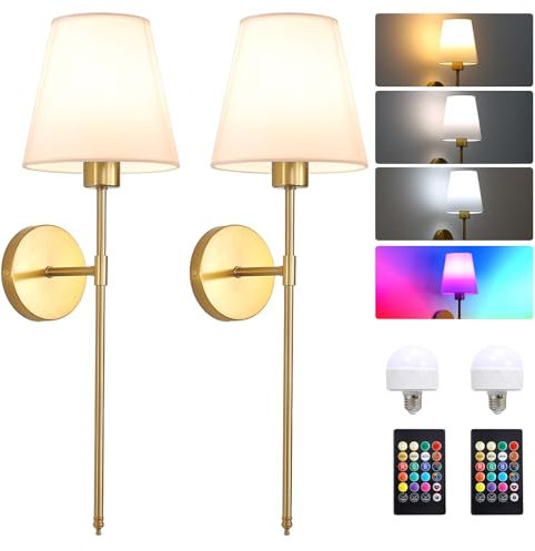 STAWINM Battery Operated Wall Light Set of 2, Battery Operated Wall Sconces with 3000mAh Dimmable RGB Detachable Charging Bulbs and Remote, 3 Color Temperature for Bedroom Living Room Hallway - Gold
