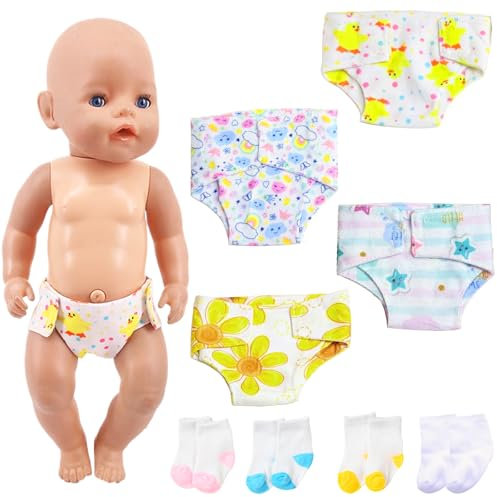 Xerteam 4 Puppenwindeln 4 Paar Puppensocken für Baby Puppen 30-43 cm, 8 Stück Puppenzubehör, Wiederverwendbar Puppen Windel Socken für 14-18 Puppen