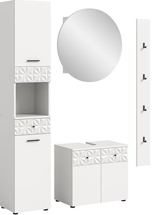 xonox.home Badezimmer Prisma 4tlg. Kombination Badmöbel Set kleine Bäder Komplettprogramm Bademöbel-Set in Front/Korpus weiß Absetzung weiß Hochglanz Tiefzieh