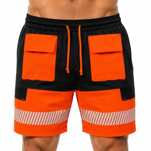 8 tasche da uomo riflettenti ad alta visibilità Hi Viz pantaloncini cargo di sicurezza da lavoro pantaloncini con coulisse multi tasche regolabili elastico in vita, Nero arancione, L