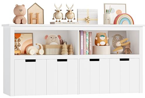 FOREHILL Kinderregal mit Boxen auf Rollen, Spielzeug Aufbewahrung Kinderzimmer Möbel, Spielzeugregal, Kinderschrank, Regal weiß mit 4 Boxen, Aufbewahrungsbox für Kinder 120 x 61,5 x 33cm weiß