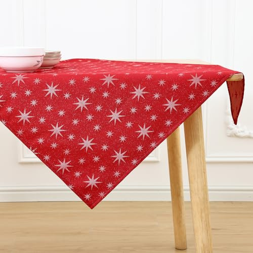 Homaxy Tischdecke Weihnachten Abwaschbar 80x80cm Rote Weihnachtstischdecke mit weißem Sternenmuster Wasserabweisend Lottusffekt Fleckschutz für Küche Party Deko