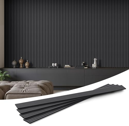 INMOZATA Wood Slat Wall Panels, 4 Pack 94.5 x 7.9 3D Fluted Soundproof Fire Resistant Acoustic Wooden Panel for Interior Wall Decor, Living Room, Bedroom, Ceiling (Matte Black)
