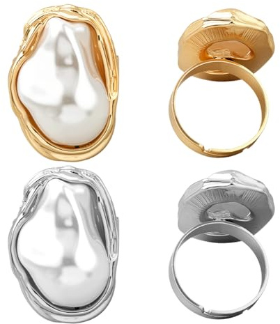 HOBBIESAY 4Pcs Baroque Pearl Chunky Rings Size 7-9 Irregular Pearl Band Ring Trendy Open Rings Metal Adjustable Finger Ring Set Gold Silver for Wedding Birthday Party Women Decoration
