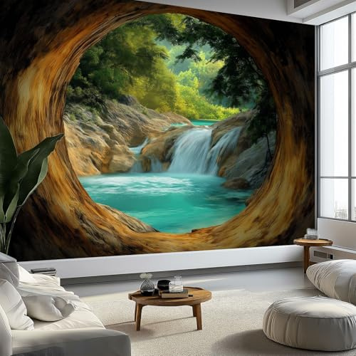 Paisaje Natural Papel Pintado Efecto 3D 200 x 140 cm, Papel tapiz fotográfico Selva Tropical Cueva Rocosa Cascada Fotomurales Pared Tejido No Tejido Decoración De Pared Sala Cuarto Oficina Salón