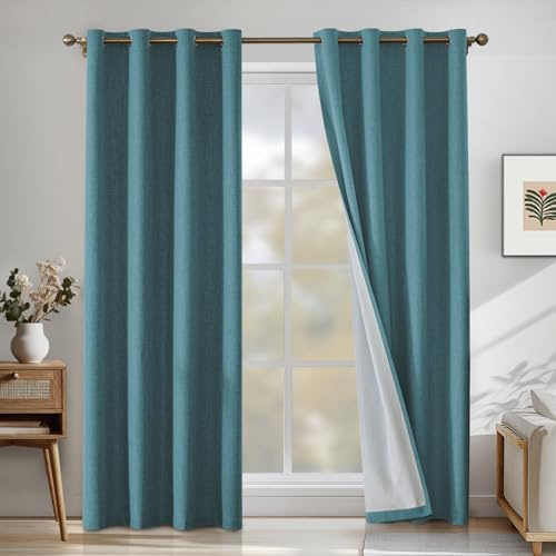 CYCMACO Verdunklungsvorhänge Leinen 2er Set, 140x200cm, Kälteschutz Thermovorhang Mit Ösen, Lärmschutzvorhang, Wohnzimmer Lichtundurchlässig Vorhänge, Schlafzimmer Vorhänge, Pfau Blau