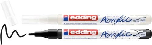 edding 5300 Acrylic 2er Set – schwarz & weiß – 2 wasserfeste Acrylmarker – feine Rundspitze 1-2 mm – Acrylstifte für Konturen & Details – Malen auf Leinwand, Papier, Holz, Stein, Terracotta