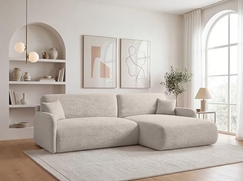 KP-Meble Ecksofa mit Schlaffunktion - 256x175 cm Bouclé Beige – Modernes L-Sofa, Schlafsofa mit Bettkasten, Große Couch mit Stauraum Pierr (Anthology 1, Rechts)
