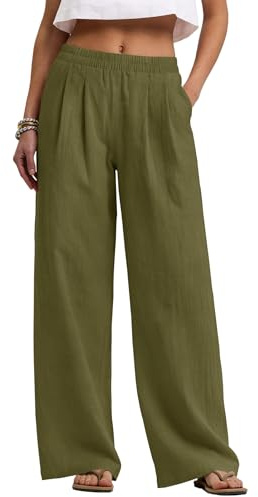 Rapbin Pantalones de lino para mujer, pantalones de pierna ancha, pantalones de verano para mujer, con bolsillos, cintura elástica, algodón, Ejercito Verde, L