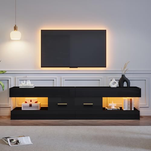 Merax Meuble TV LED 152 cm Noir Laqué – TV Cabinet Jusqu’à 75 Pouces, Lowboard avec 2 Tiroirs et Rangements Ouverts, Plateaux en Verre Acrylique,Meuble TV Salon Moderne