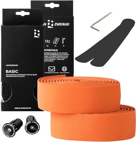 URBAN ZWEIRAD - Reißfestes Lenkerband Rennrad inkl. Endstopfen und Klebestreifen - Orange, Extra Griffig - 2 x 200 cm x 3 cm - 3 mm Stärke