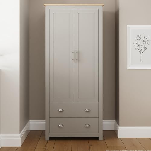 GFW Lancaster 2 Door Wardrobes with 2 Drawers & Oak Tops, Grey