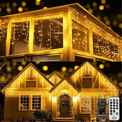 Qedertek Luci Natale Esterno Cascata 15M 612 LED Tenda Luminosa Bianco Caldo, Luci Natalizie da Esterno con Telecomando, 8 Modalità, Timer Luci Decorazione Natale per Feste, Finestra, Balcone
