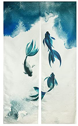 LIGICKY Traditioneller Chinesischer Stil Vorhang Tuschemalerei Fisch dick Leinen Noren Lang Vorhang Japanischer Stil Türvorhang Raumteiler Tapisserie für die Heimtextilien Raumteiler 85 x 150 cm