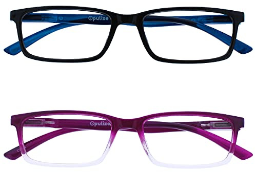 OPULIZE SEE Blaulichtfilterbrille für Damen Herren, Blendfreie UV400-Schutz Federscharnier Anti-Müdigkeit, Rechteckiger Rahmen, Computerbrillen Gaming, 2er-Pack Schwarz Violett
