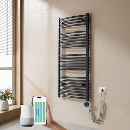 EMKE Radiatore da Bagno, 120 x 50 cm, 500W, Curvo, Antracite | Scaldasalviette con WIFI Termostato, Termoarredo Asciugamani da Bagno