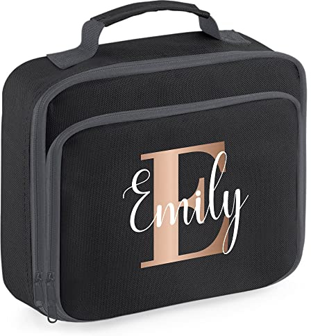 Rose Gold Initial Personalised Lunch Bag for Nursery Back to School Starters All Ages Little Girls Lunch Time Food Storage, 24cm x 20cm x 8cm, Black