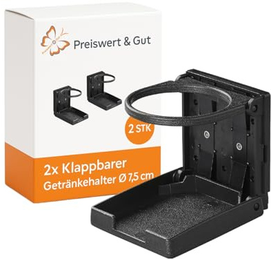 Preiswert&Gut 2X Getränkehalter Auto und Flaschenhalter – Kompakter Becherhalter, passt für Flaschen bis Ø 7,5 cm und Getränkedosen Aufgeklappt 9x9x9 cm Farbe Schwarz