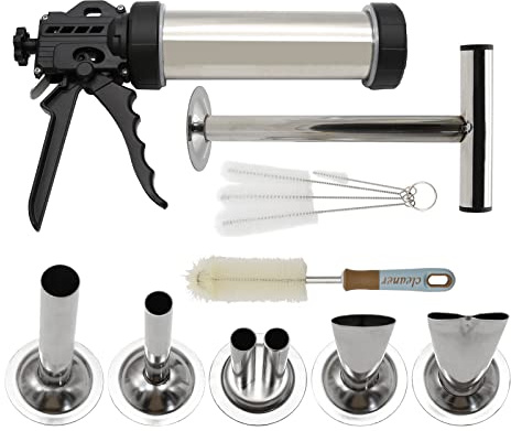 Hoypeyfiy Stainless Steel Jerky Gun Sausage Maker Sausage Stuffer Handmade Beef Jerky Gun with 5 Stainless Nozzles Meat Pusher Cleaning Brushes Kit