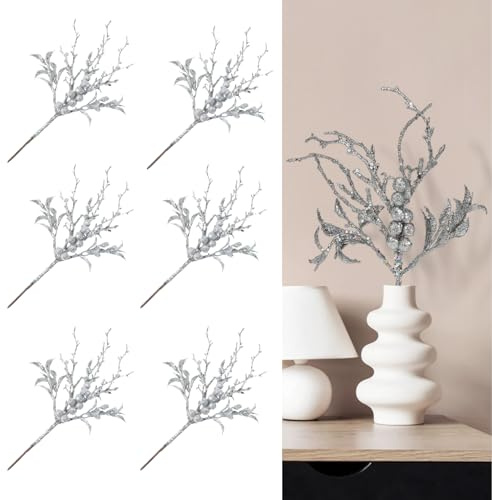 JUKIDS 6 hojas artificiales de acebo de bayas con purpurina de Navidad, aerosoles plateados de 11 pulgadas, tallo de ramita falsa, spray de ramas de árbol, adorno para árbol de Navidad, guirnalda de