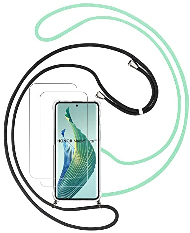 Funda para Honor Magic 5 Lite / X9a (6.67) con Cuerda, 2 Pack Protector Pantalla, Correa Carcasa Transparente Suave TPU Silicona con 2 Pack Cordón, Protección de Lente de Cámara, Negro+Verde
