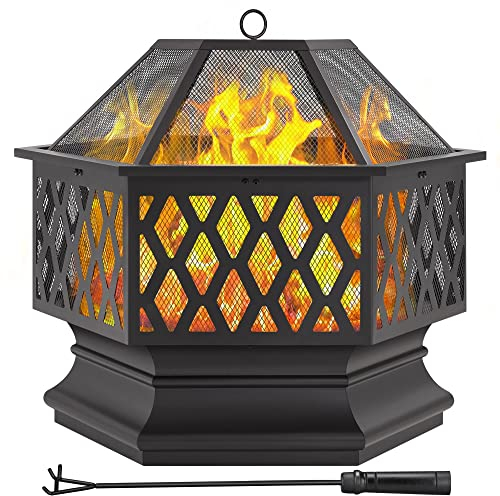 Yaheetech 66cm Fire Pit Hex-Shaped Wood Burning Outdoor Fire Bowl for Camping, Fire Pits for Garden with Spark Screen & Fire Poker