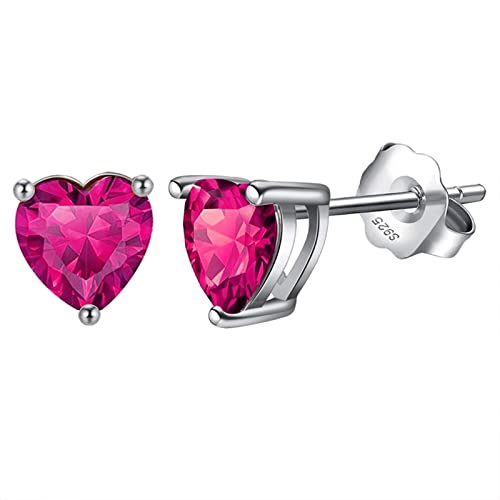Bellitia Jewelry Pendientes de Botón de Corazón para Mujeres en Plata de Ley 925, Pendientes de Tuerca Chicas con Rubí Rojo, Conjunto Joyas Mujer