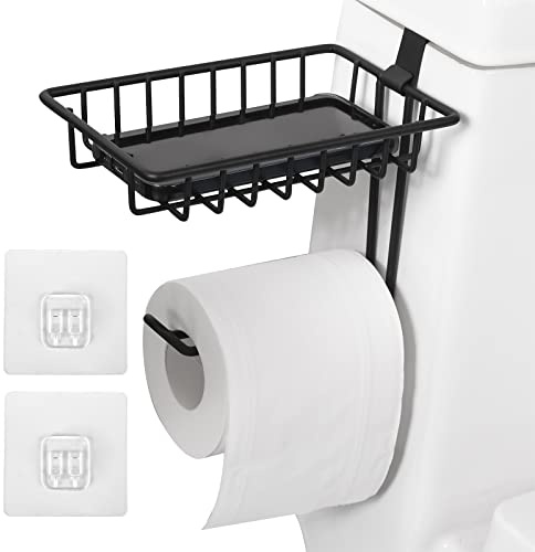 Over The Tank Toliet Paper Holder with Phone Shelf,Bathroom Toilet Paper Roll Holder Matte Black,Wall Mount and Adhesive Toilet Paper Holder(Free Installation),10-Years Warranty