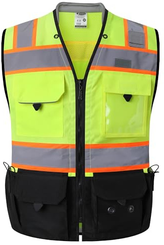 JKSafety Hi-Vis Unisex Surveyor Safety Vest Heavy Duty PPE Inner Pockets ANSI/ISEA Compliant (188-YBlk M)