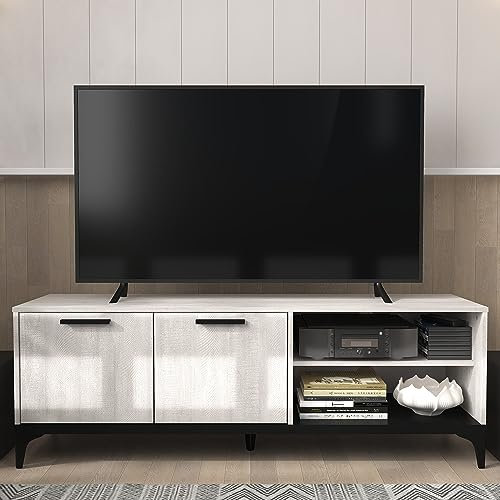 Galano Lawrence 2 Door TV Unit – 140cm Entertainment Centre for up to 65 TV – Living Room Cabinet with Storage – Dusty Grey Oak