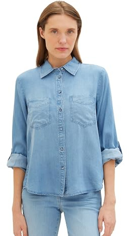 TOM TAILOR Damen Jeansbluse mit Brusttaschen, 10113 - Clean Mid Stone Blue Denim, 44