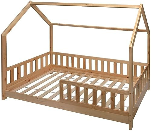 WEB2O Cama cabaña infantil de madera natural, 90 x 190 cm