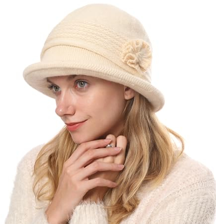 Cysocool Damen Eleganter Winter Glockenhut Wolle Wintermütze Warme Strickmütze mit Blumen Frauen Cloche Hüte Retro Fischermütze Bowler Hut Winterhut