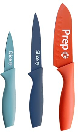 MasterChef Knife Set of 3 Kitchen Knives for Cooking (Chef, Paring & Utility), Professional Sharp Stainless Steel, Non Stick Blades & Soft Touch Handles, Easy Grip, Vivid Collection, 3 Piece