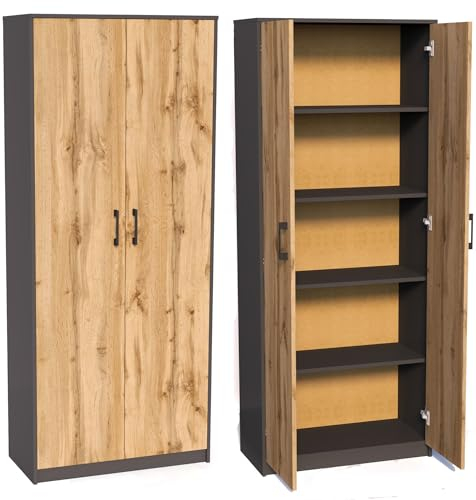 Praktische Schrank 180 cm Kleiderschrank mit 2 Türen 4 Ablagen Groß Mehrzweckschrank Aktenschrank Büroschrank Haushaltsschrank (Graphit/Wotan)