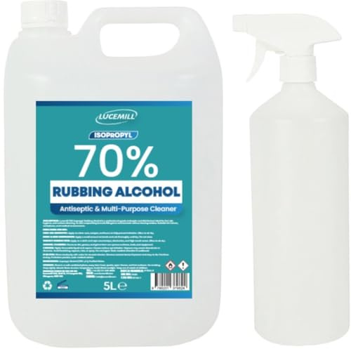 Lucemill 70% Rubbing alcohol | 5 litre | Super Strength IPA First Aid Antiseptic | 70% Isopropyl Alcohol | Clear Liquid | Comes with 1L Empty Spray Bottle